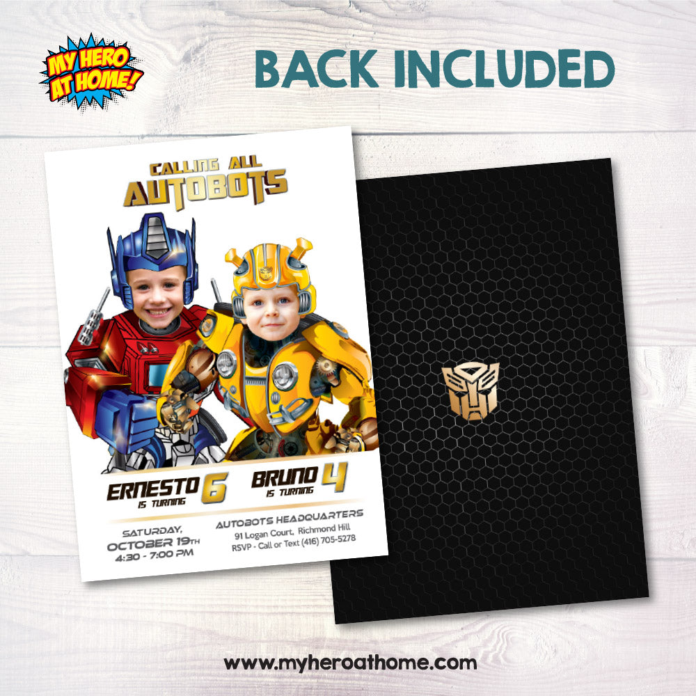 Joint Transformers Birthday Party Invitation with photos, Joint Autobots invitation, Transformers Siblings. 2032