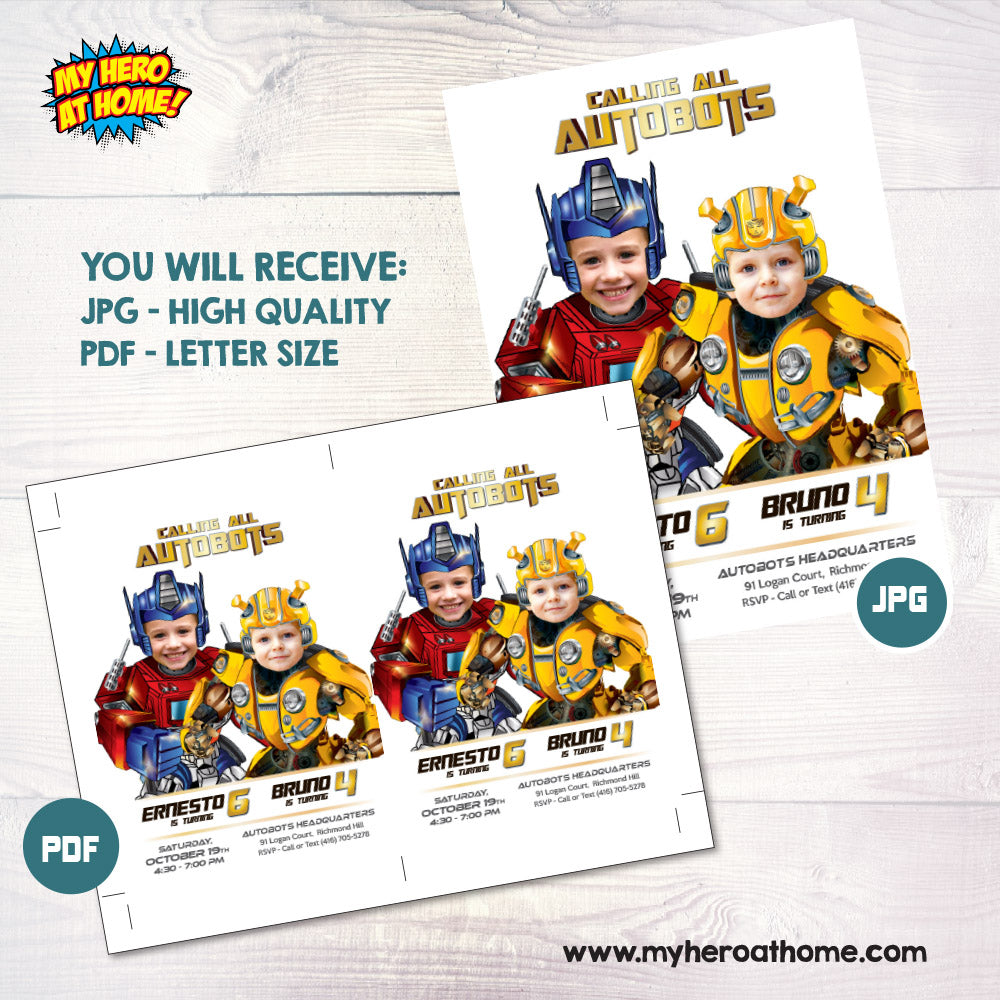 Joint Transformers Birthday Party Invitation with photos, Joint Autobots invitation, Transformers Siblings. 2032