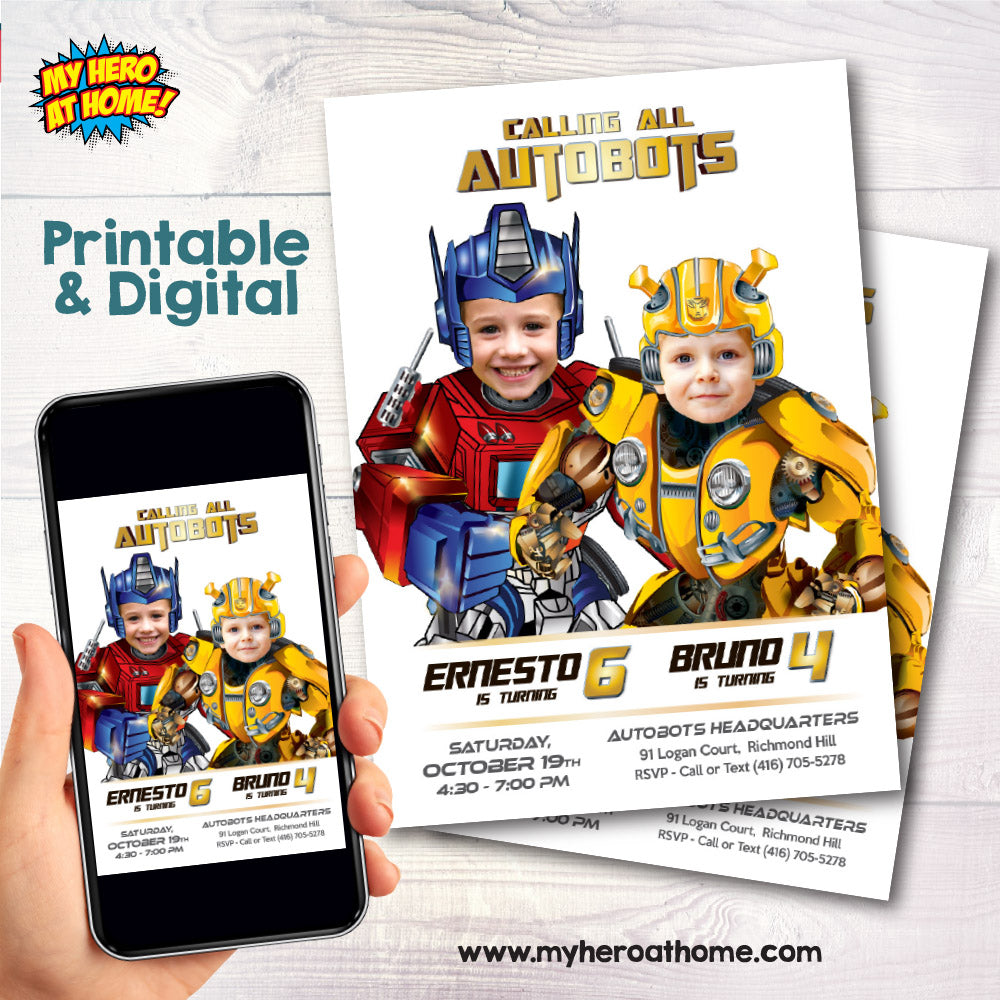 Joint Transformers Birthday Party Invitation with photos, Joint Autobots invitation, Transformers Siblings. 2032