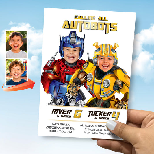 Joint Transformers Birthday Party Invitation with Children as Optimus and Bumblebee. 2032