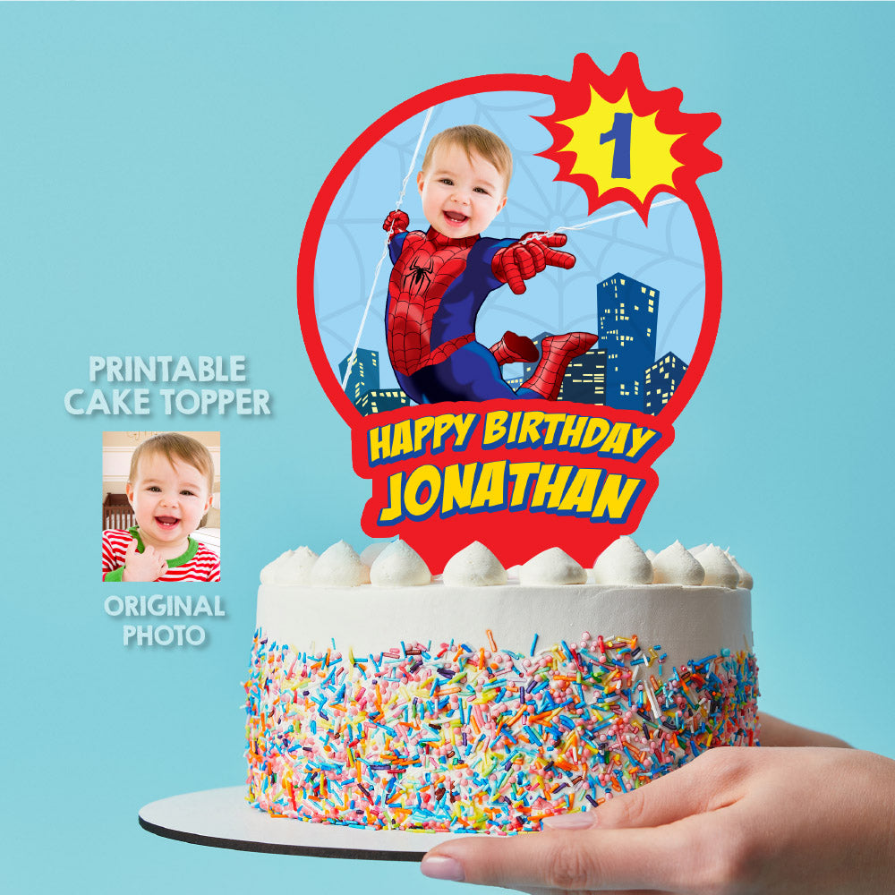 Baby Spiderman Cake topper with photo, Spidey 1st birthday smash cake with photo. 2033