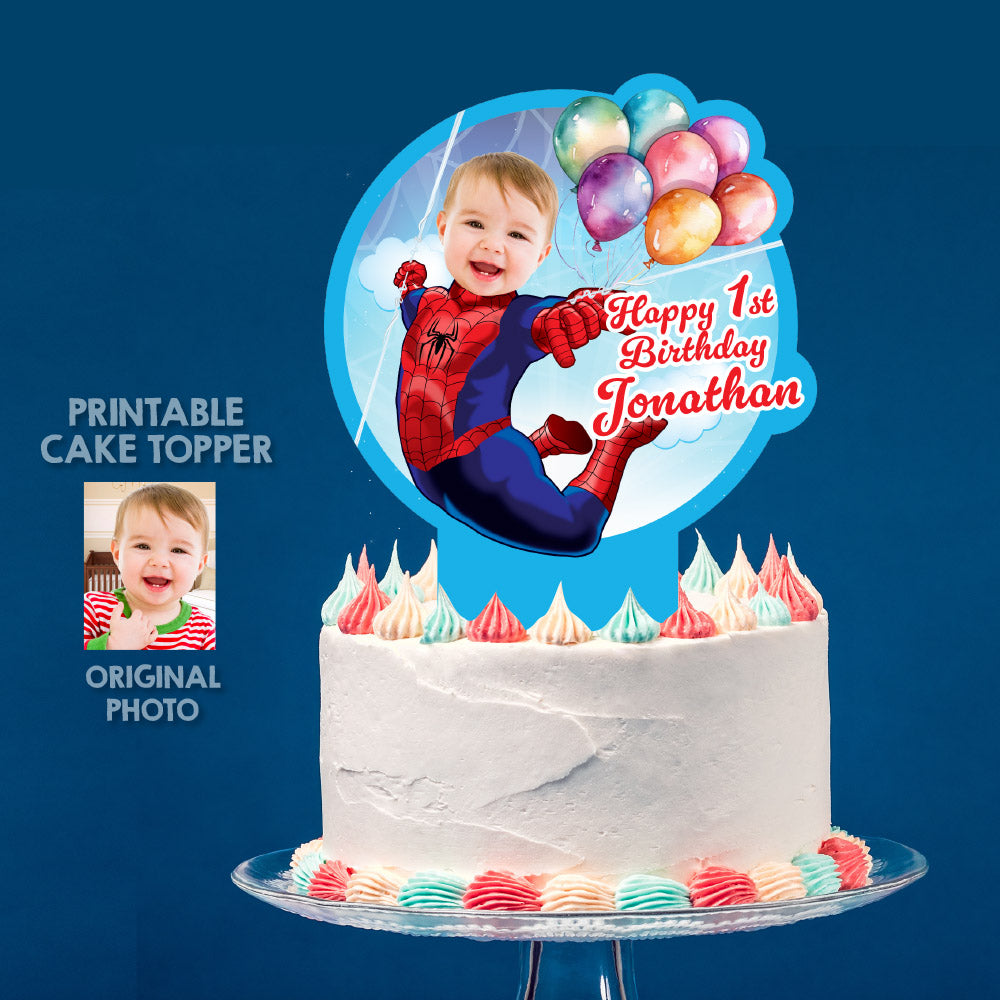 Baby Spiderman Cake topper with photo, Spidey 1st birthday smash cake with photo. 2033