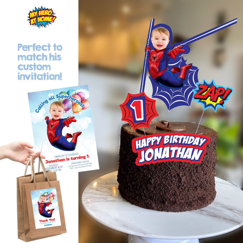 Baby Spiderman Cake topper with photo, Spidey 1st birthday smash cake with photo. 2033