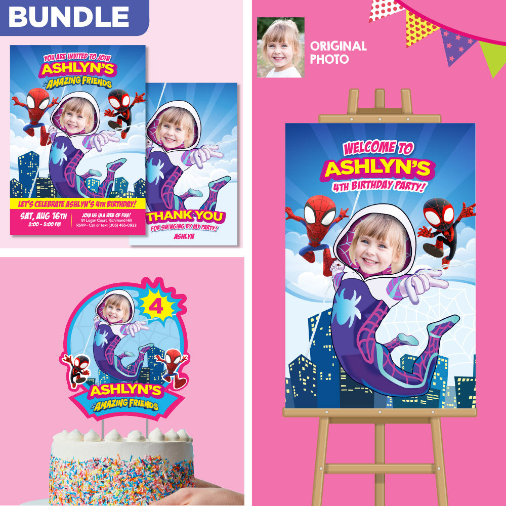 Bundle Gwen Stacy Birthday matching items with photo:  Invitation, Thank you, Cake, Welcome. 2039B2