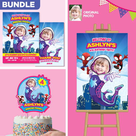 Bundle Gwen Stacy Birthday matching items with photo:  Invitation, Thank you, Cake, Welcome. 2039B2