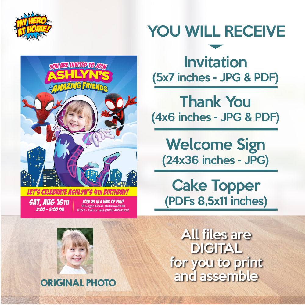 Bundle Gwen Stacy Birthday matching items with photo:  Invitation, Thank you, Cake, Welcome. 2039B2