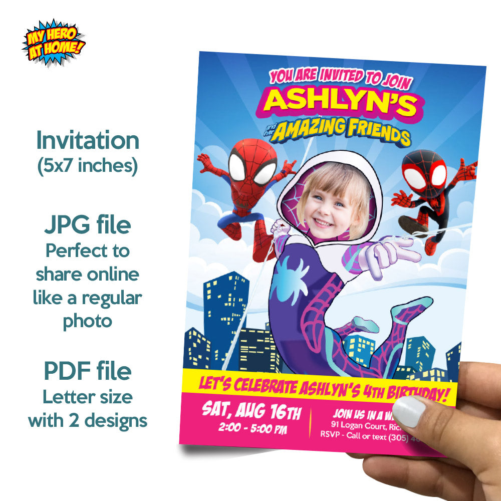 Bundle Gwen Stacy Birthday matching items with photo:  Invitation, Thank you, Cake, Welcome. 2039B2