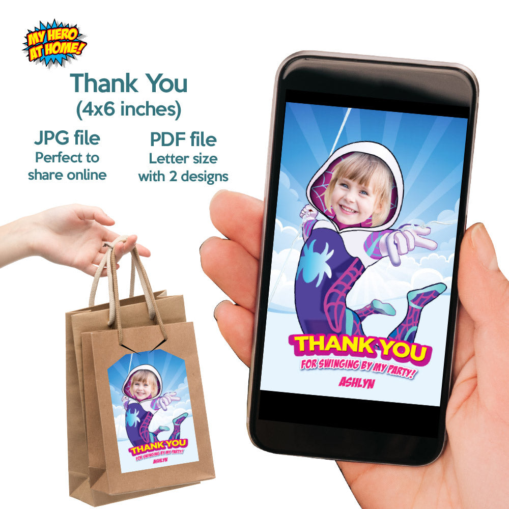 Bundle Gwen Stacy Birthday matching items with photo:  Invitation, Thank you, Cake, Welcome. 2039B2