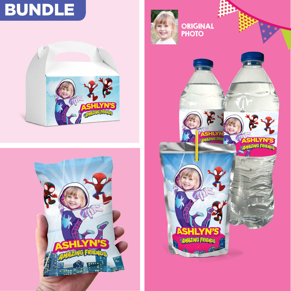 Gwen Stacy snacks labels Bundle with photo: drinks labels, Chip bags, gift boxes. 2039B3