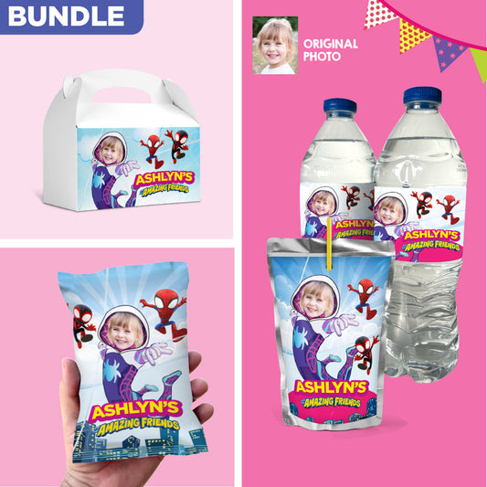 Gwen Stacy snacks labels Bundle with photo: drinks labels, Chip bags, gift boxes. 2039B3