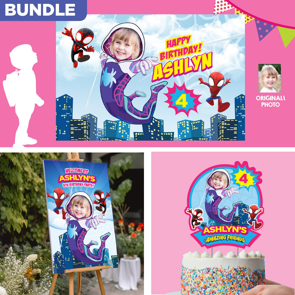 Gwen Stacy Party decoration Bundle  with photo:Banner / Backdrop, Cake Topper, Welcome Sign. 2039B4