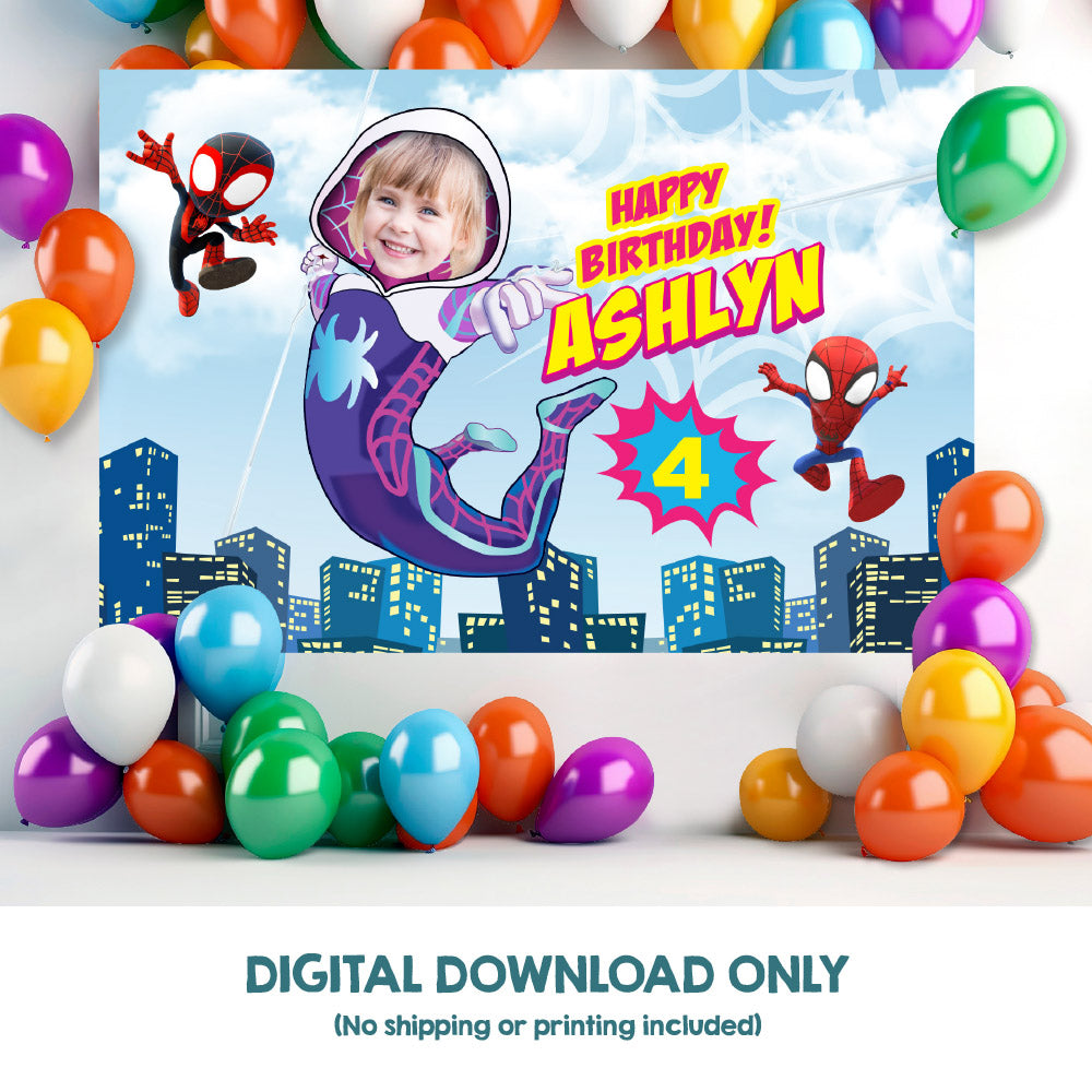 Gwen Stacy Banner with birthday girl as the star, Ghost Spidey Backdrop with photo. 2039BB