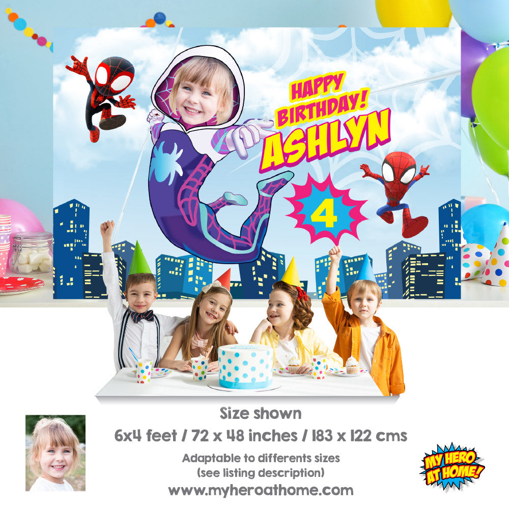 Gwen Stacy Banner with birthday girl as the star, Ghost Spidey Backdrop with photo. 2039BB