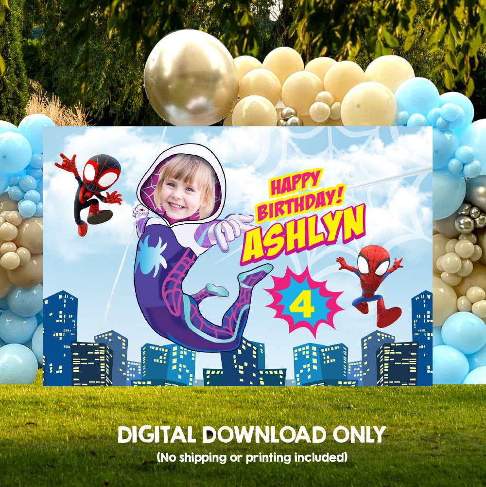 Gwen Stacy Banner with birthday girl as the star, Ghost Spidey Backdrop with photo. 2039BB