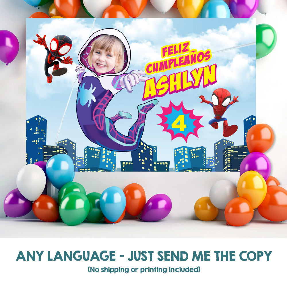 Gwen Stacy Banner with birthday girl as the star, Ghost Spidey Backdrop with photo. 2039BB