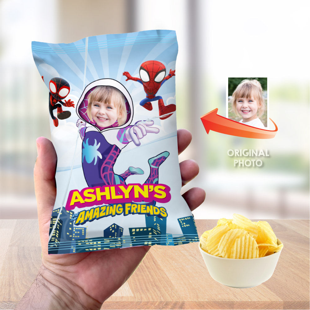 Girl Spidey chip bags party favors, Gwen Stacy Snacks Wrappers with photo. 2039CB
