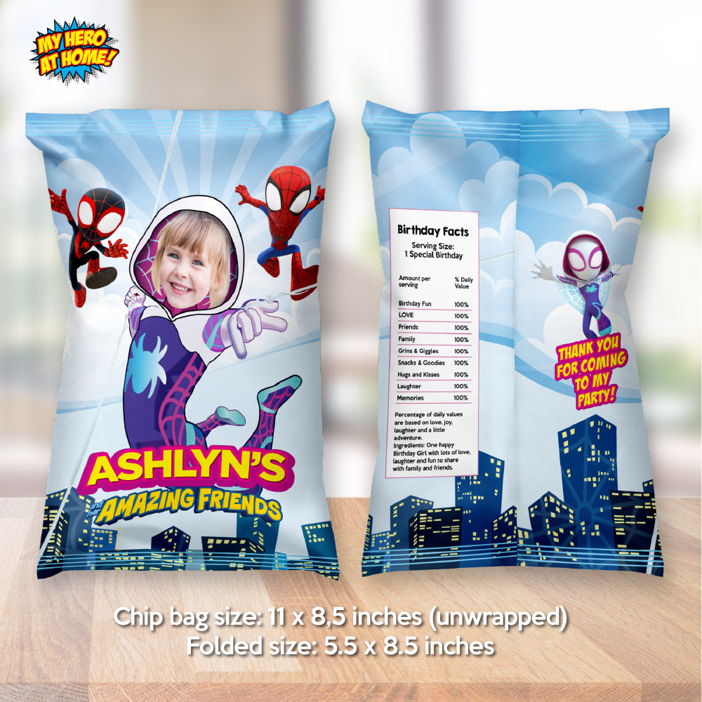 Girl Spidey chip bags party favors, Gwen Stacy Snacks Wrappers with photo. 2039CB