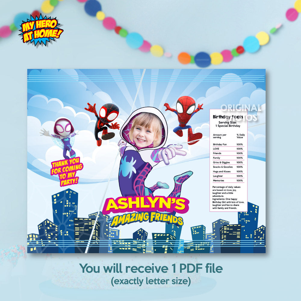 Gwen Stacy snacks labels Bundle with photo: drinks labels, Chip bags, gift boxes. 2039B3