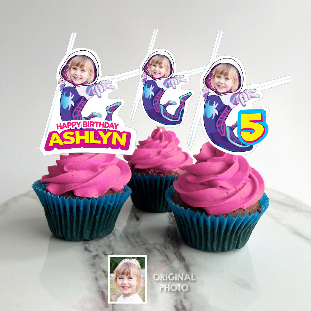 Personalized Spidergirl Cupcake Toppers with birthday girl as Gwen Stacy (Print, cut, assemble). 2039CK