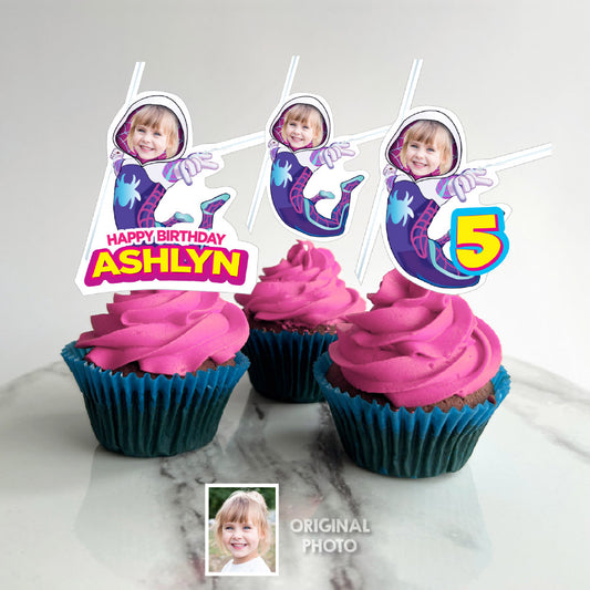 Personalized Spidergirl Cupcake Toppers with birthday girl as Gwen Stacy (Print, cut, assemble). 2039CK