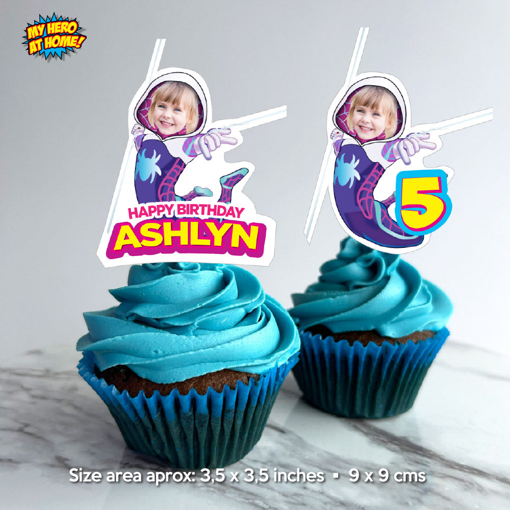 Personalized Spidergirl Cupcake Toppers with birthday girl as Gwen Stacy (Print, cut, assemble). 2039CK
