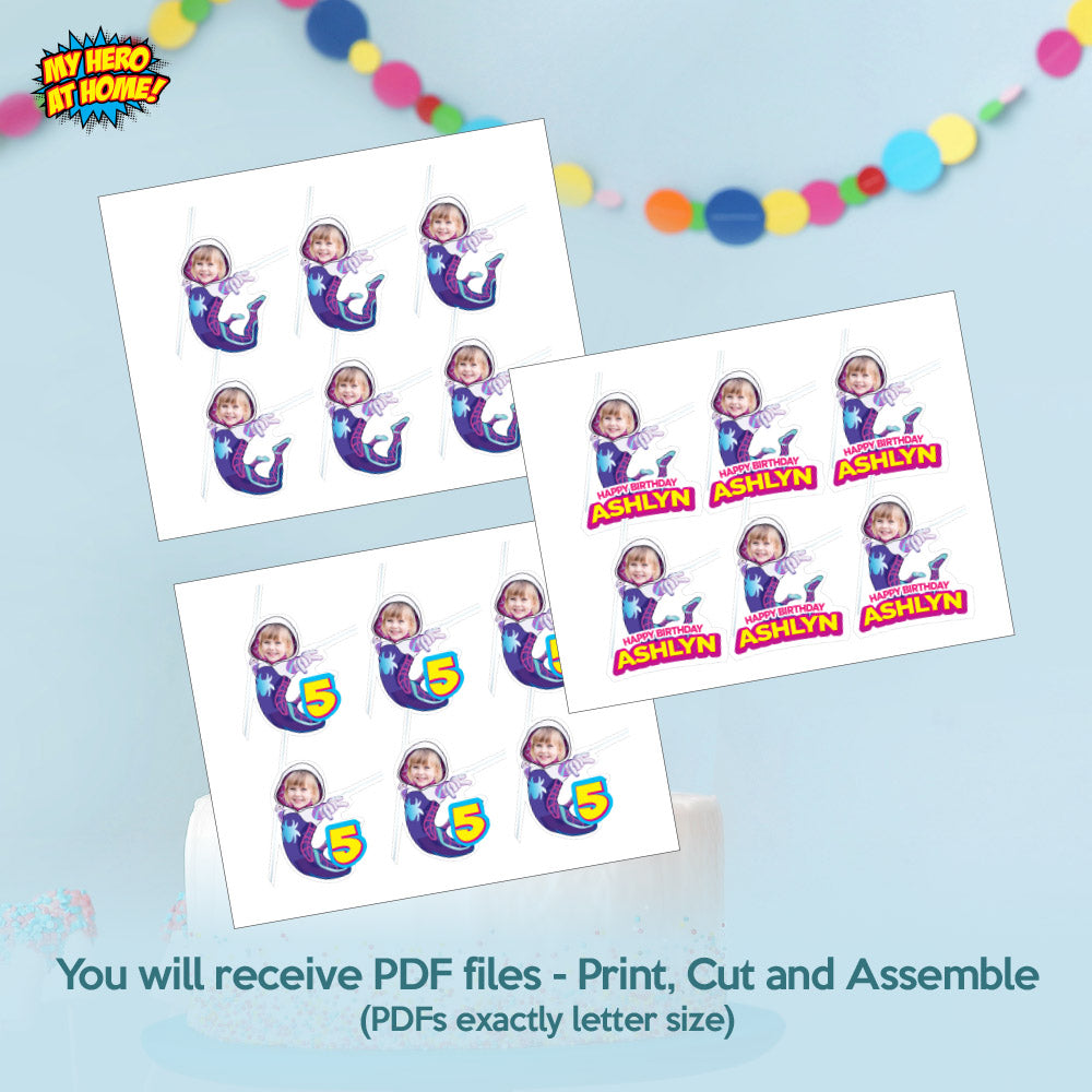 Personalized Spidergirl Cupcake Toppers with birthday girl as Gwen Stacy (Print, cut, assemble). 2039CK