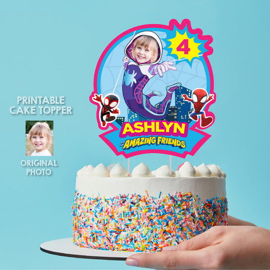 Customized Gwen Stacy Cake topper with your little girl as the Spidergirl. 2039CT