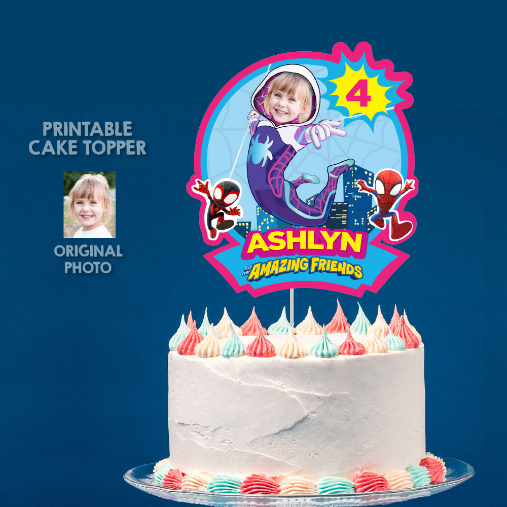 Customized Gwen Stacy Cake topper with your little girl as the Spidergirl. 2039CT