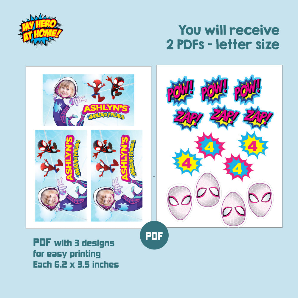 Gwen Stacy snacks labels Bundle with photo: drinks labels, Chip bags, gift boxes. 2039B3