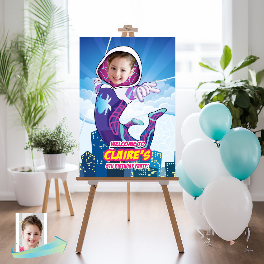 Custom Ghost Spider Birthday Welcome sign with photo, Gwen Stacy Party Entrance. 2039WS