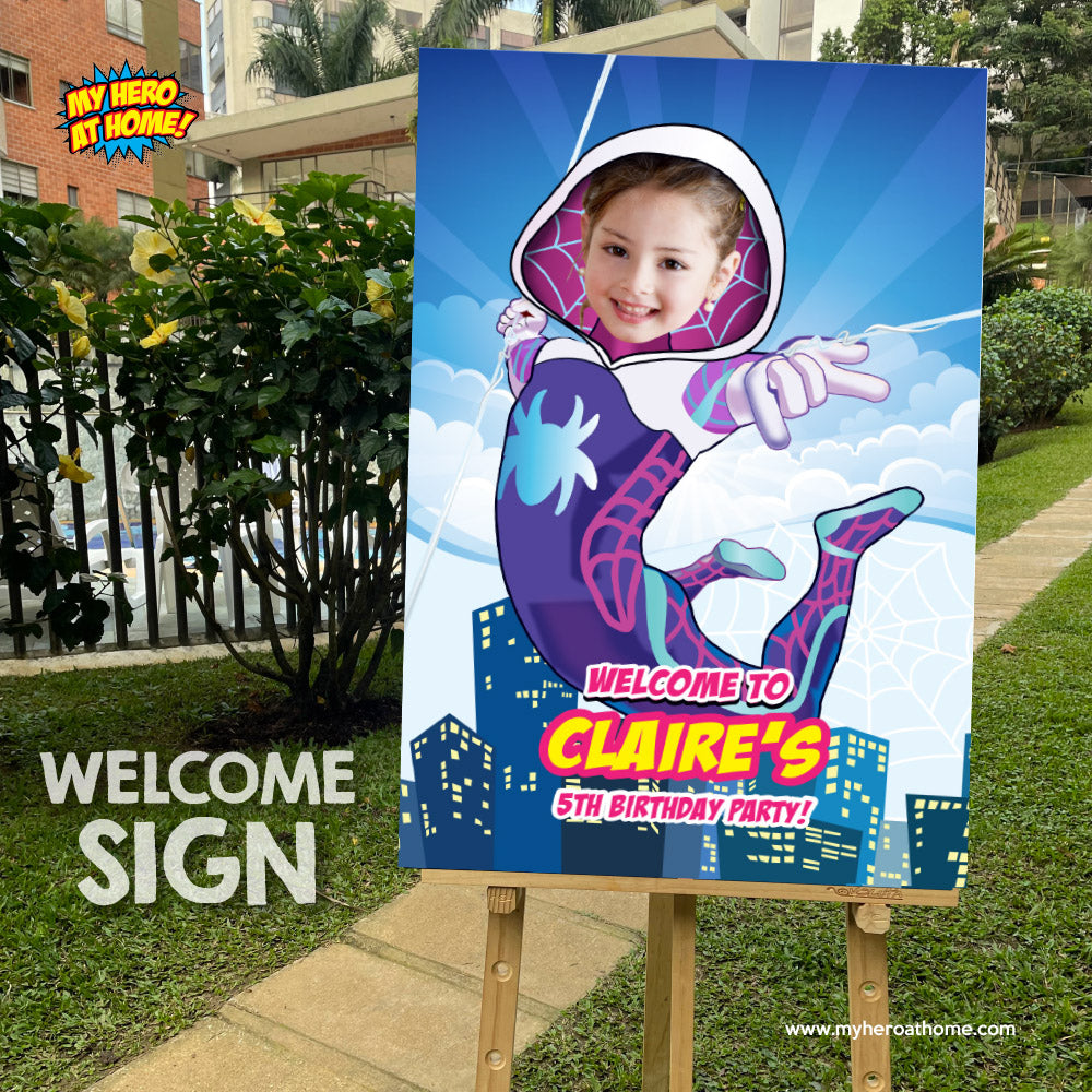 Custom Ghost Spider Birthday Welcome sign with photo, Gwen Stacy Party Entrance. 2039WS