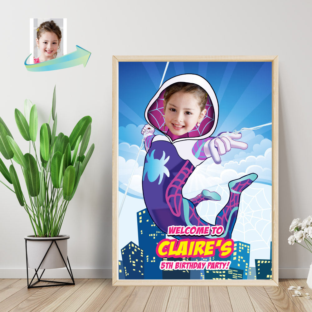 Custom Ghost Spider Birthday Welcome sign with photo, Gwen Stacy Party Entrance. 2039WS