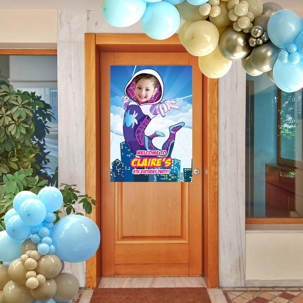 Custom Ghost Spider Birthday Welcome sign with photo, Gwen Stacy Party Entrance. 2039WS