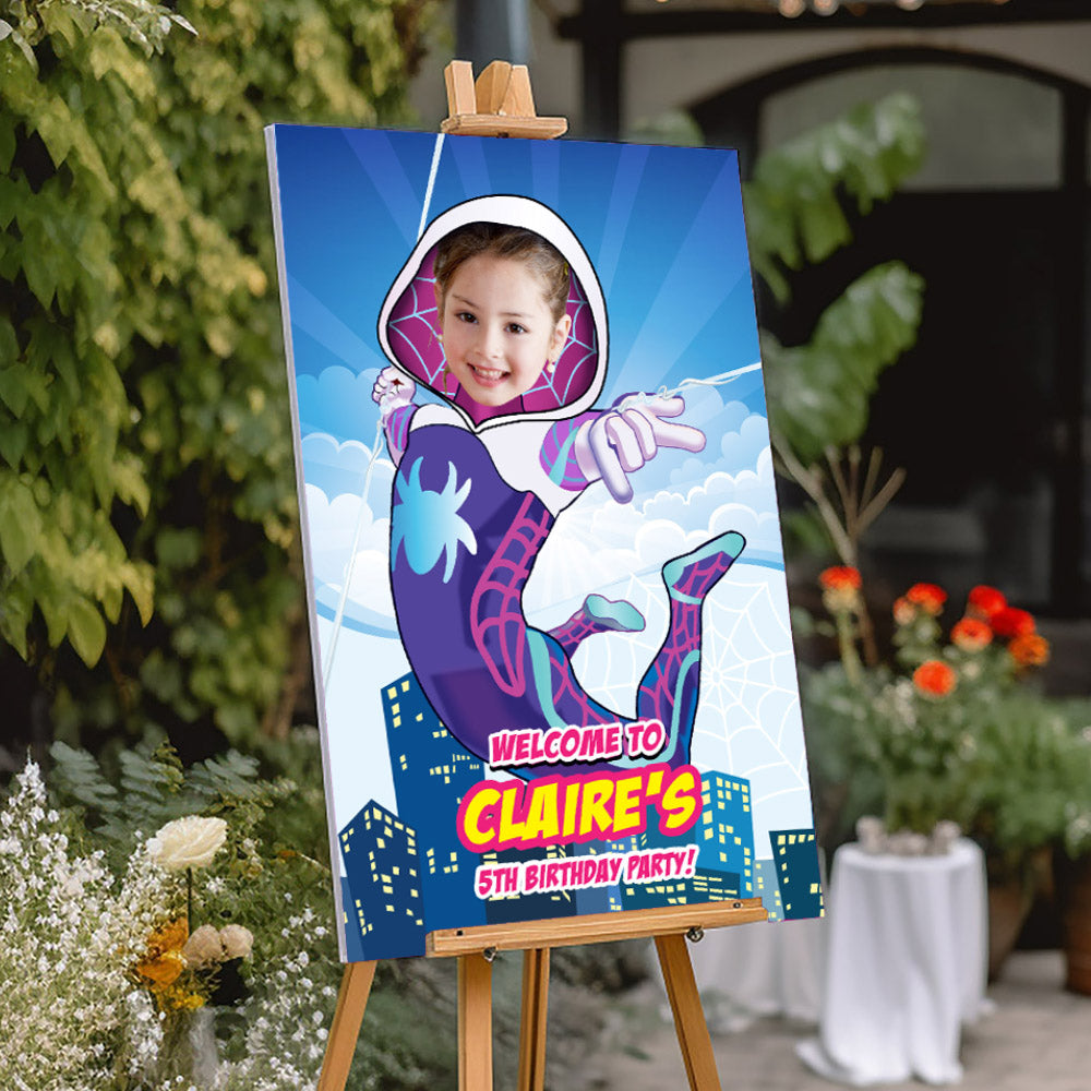 Custom Ghost Spider Birthday Welcome sign with photo, Gwen Stacy Party Entrance. 2039WS