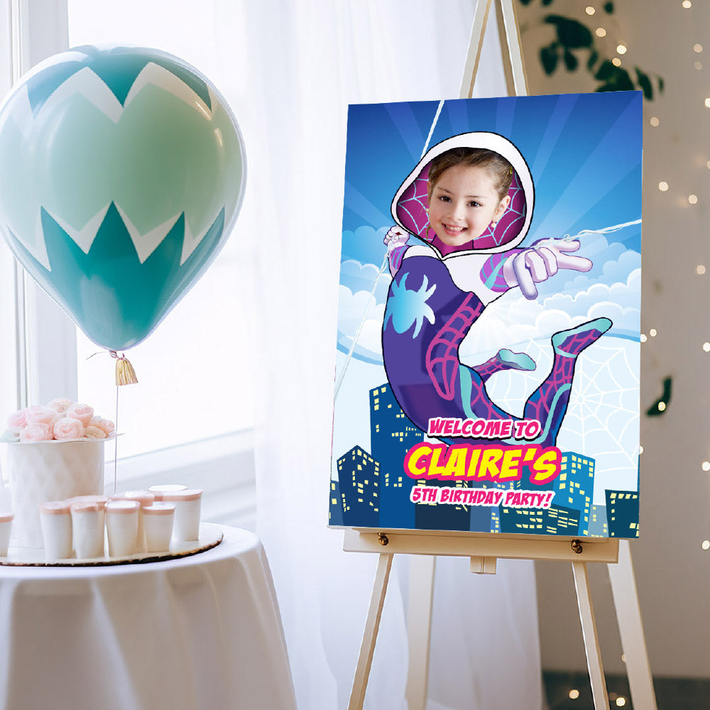 Custom Ghost Spider Birthday Welcome sign with photo, Gwen Stacy Party Entrance. 2039WS