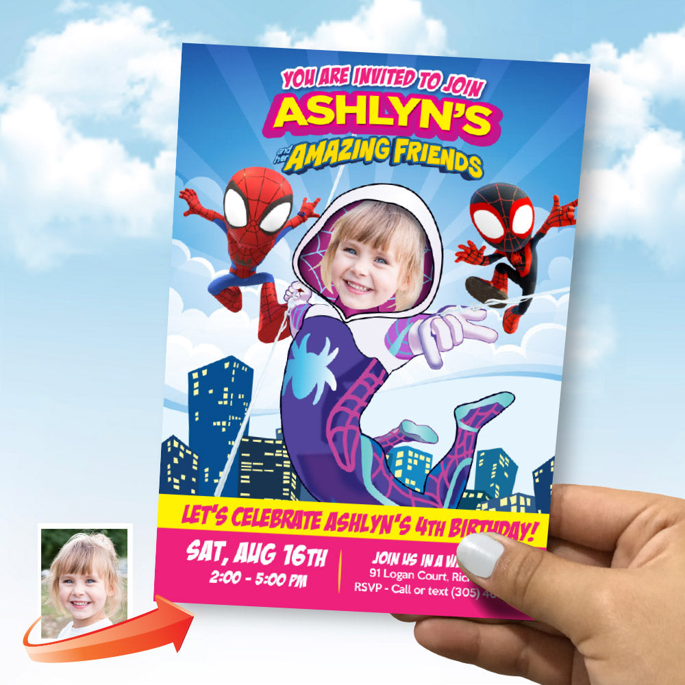 Custom Gwen Stacy birthday Invitation with girl as the star, Ghost spidey party invite. 2039IN