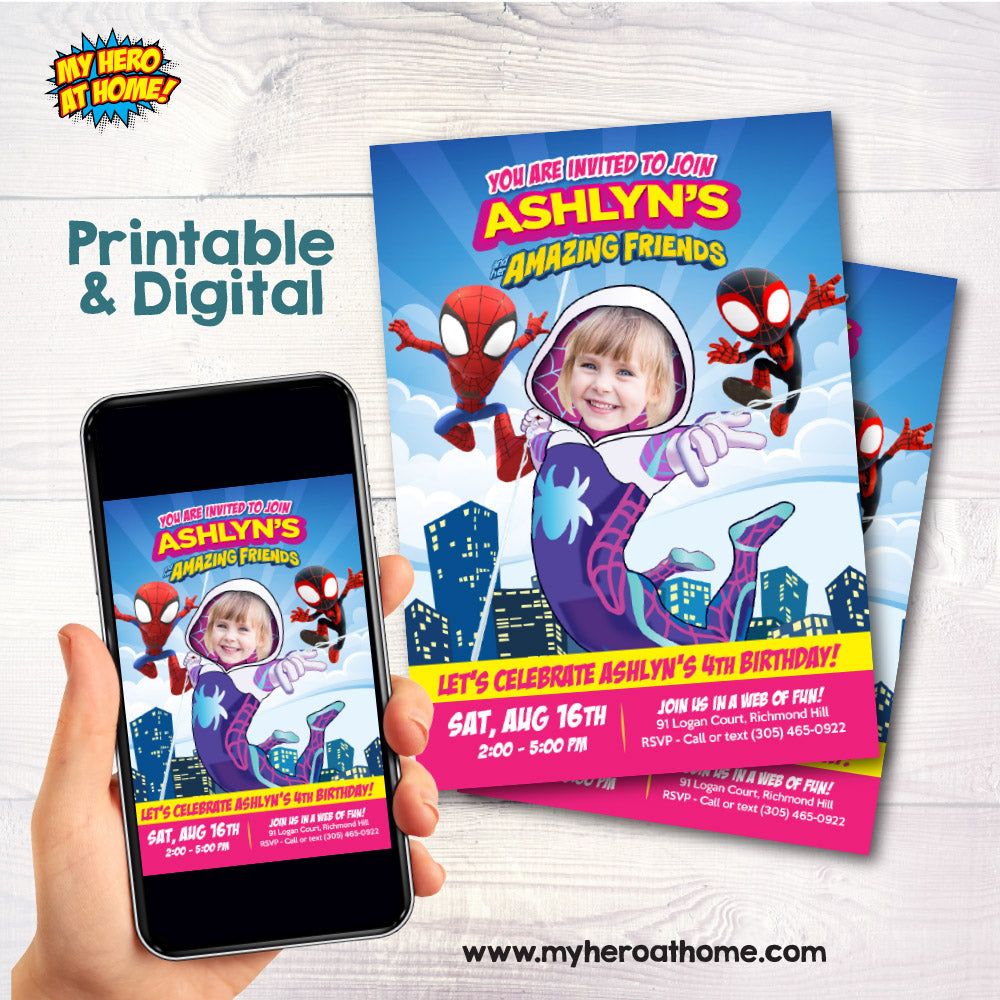 Custom Gwen Stacy birthday Invitation with girl as the star, Ghost spidey party invite. 2039IN