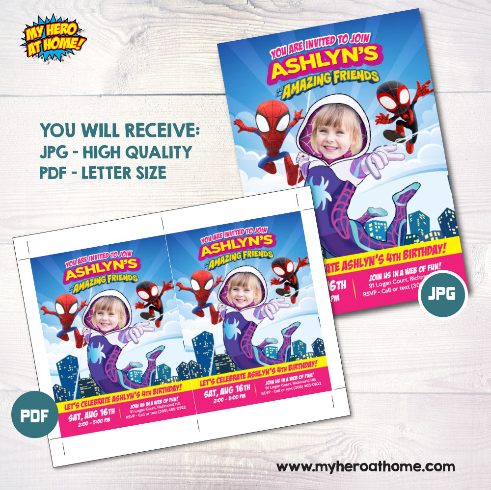 Custom Gwen Stacy birthday Invitation with girl as the star, Ghost spidey party invite. 2039IN