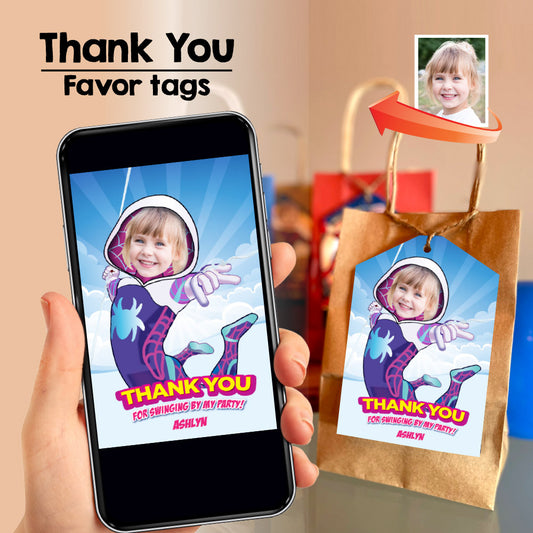 Gwen Stacy Thank You with girl as the star, Ghost Spidey Favor Tags with photo. 2039TY