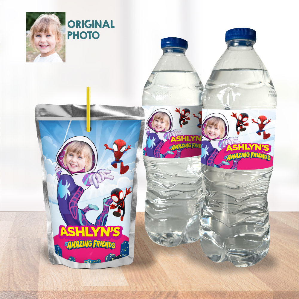 Gwen Stacy snacks labels Bundle with photo: drinks labels, Chip bags, gift boxes. 2039B3