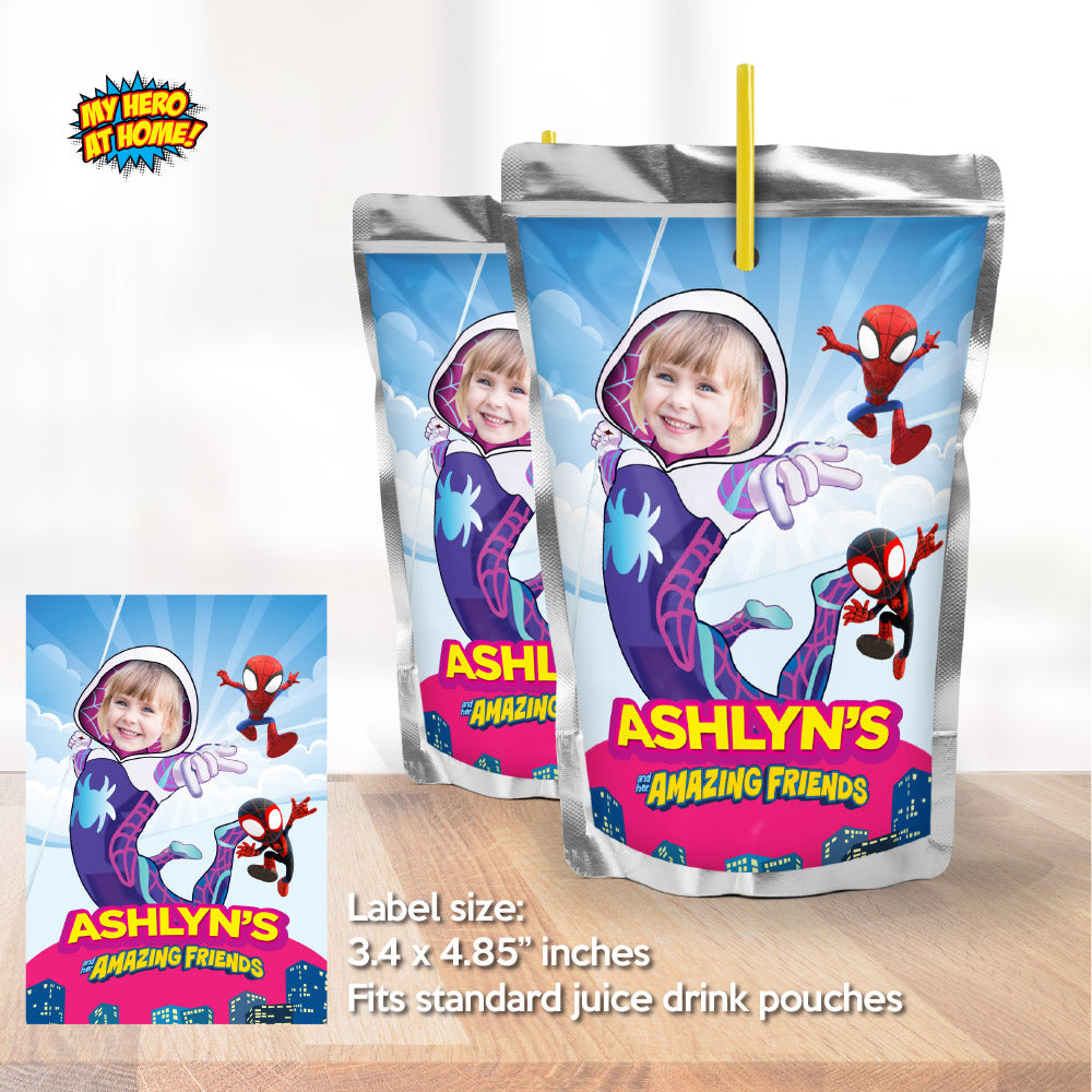 Spidey Girl water wrappers and juice labels with photo, Gwen Stacy party drinks. 2039WJ