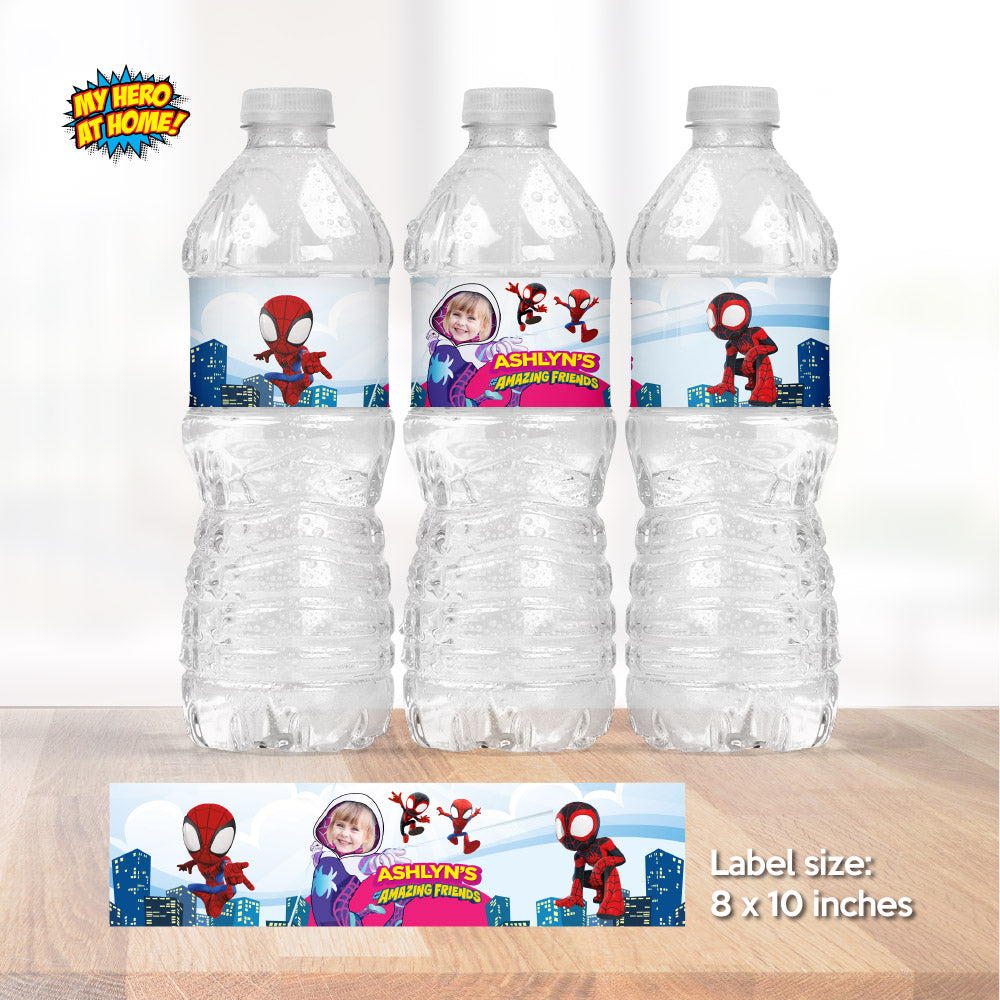 Spidey Girl water wrappers and juice labels with photo, Gwen Stacy party drinks. 2039WJ