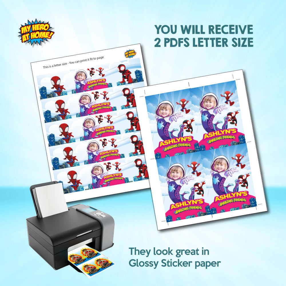 Spidey Girl water wrappers and juice labels with photo, Gwen Stacy party drinks. 2039WJ