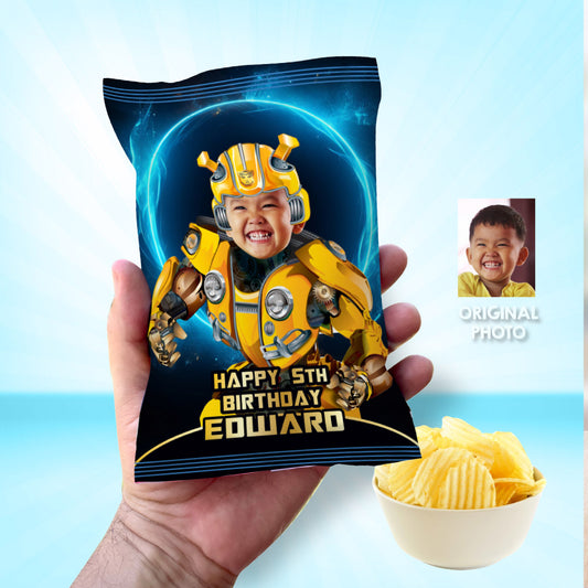 Bumblebee chip bags party favors with photo, Transformers Chip Bag label, Autobots chip bags. 2043