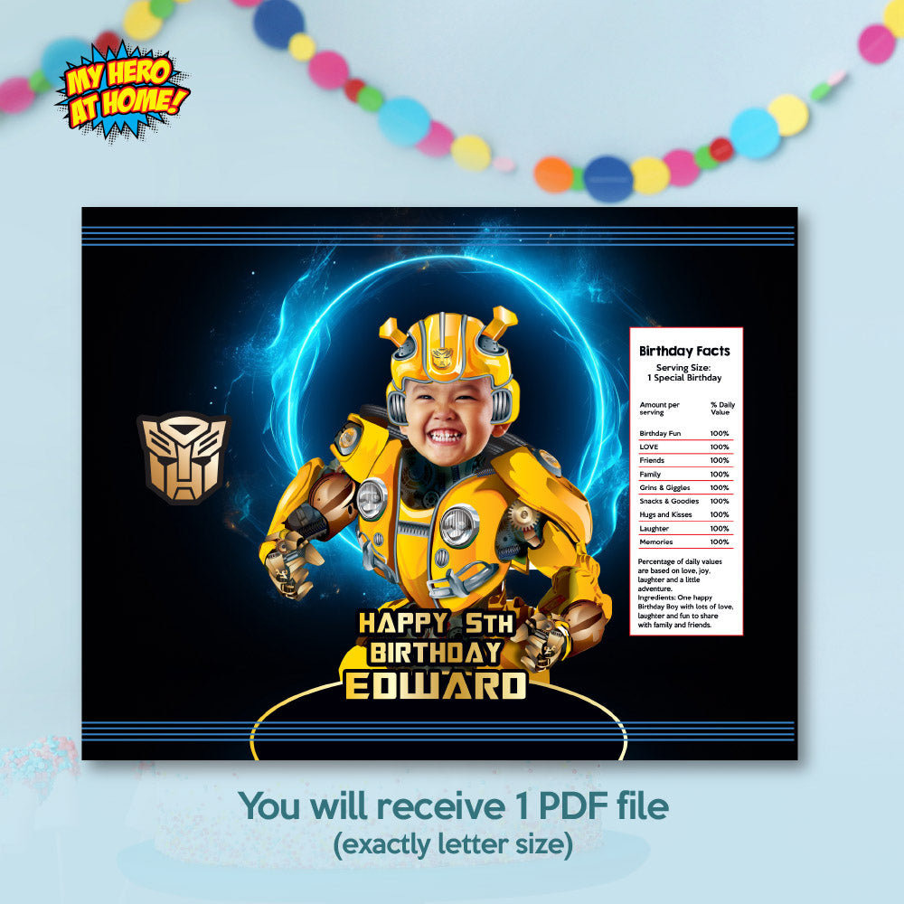Bumblebee chip bags party favors with photo, Transformers Chip Bag label, Autobots chip bags. 2043