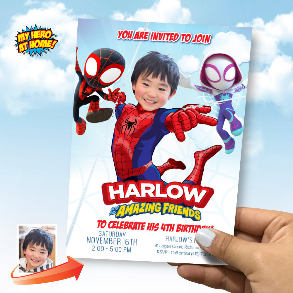 Spidey and His Friends Birthday Party Invitation featuring birthday kid as the Star. 2048