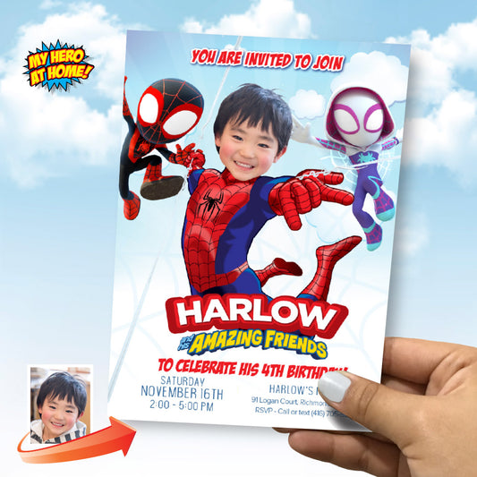 Spidey and His Friends Birthday Party Invitation featuring birthday kid as the Star. 2048