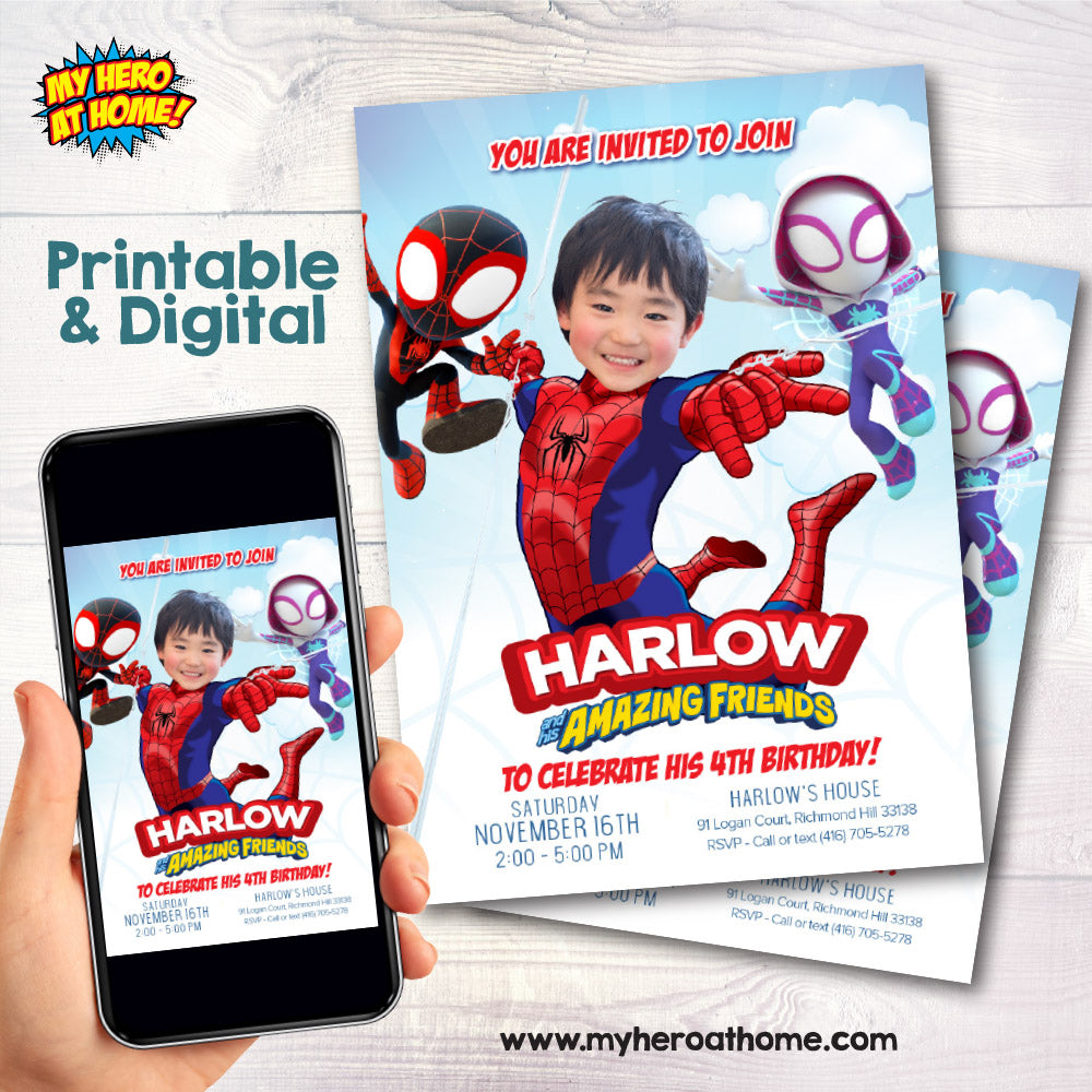 Spidey and His Friends Birthday Party Invitation featuring birthday kid as the Star. 2048