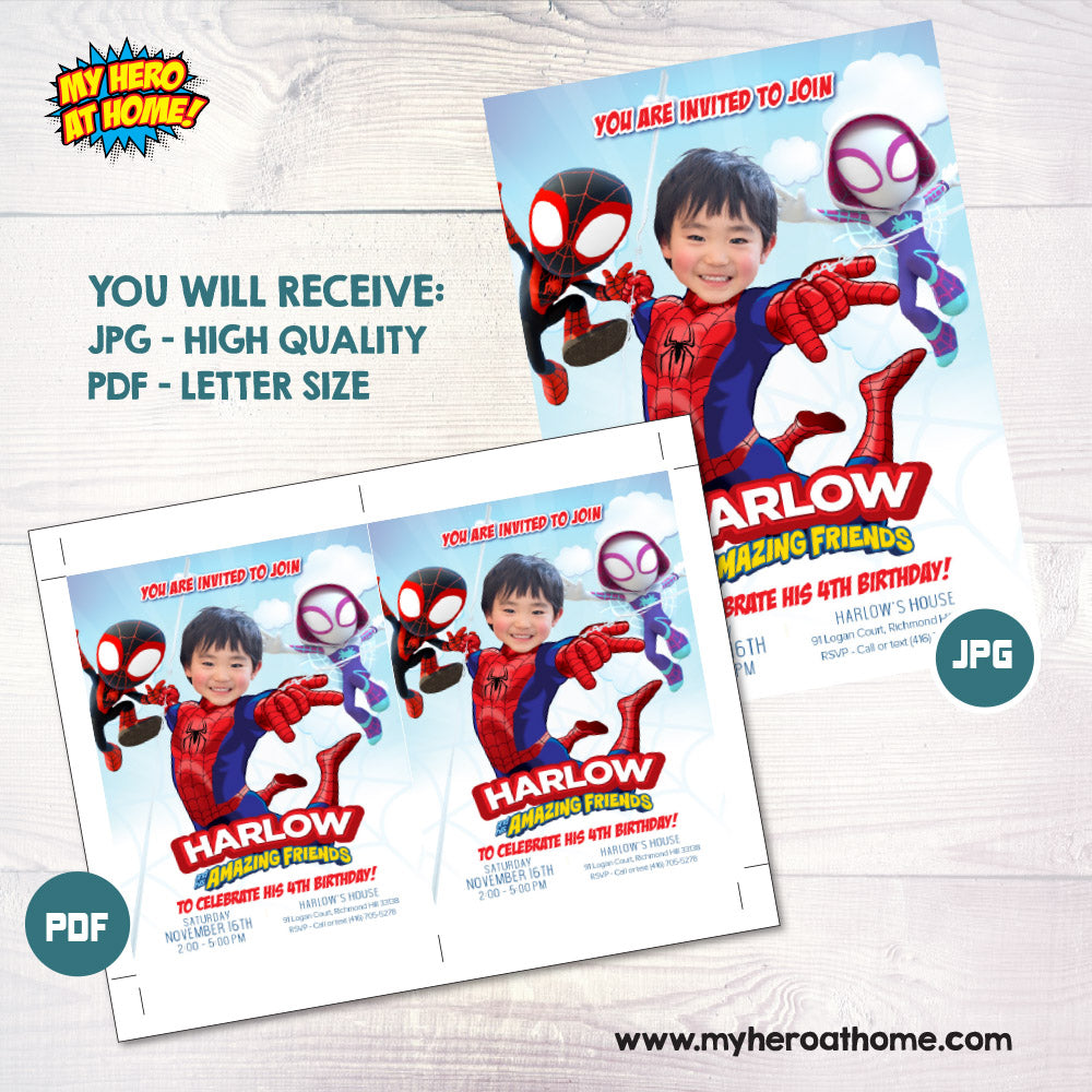 Spidey and His Friends Birthday Party Invitation featuring birthday kid as the Star. 2048