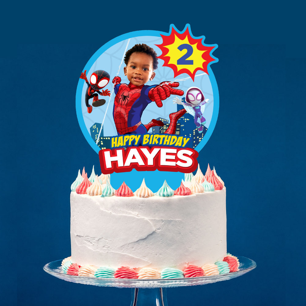 Spidey Birthday Matching Cake and Cupcake Toppers Bundle with Kid as Spiderman. 740B5